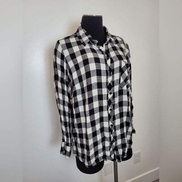 Black White Plaid Flannel Shirt Women's Button Front Terra & Sky Cabin Size 14W - Picture 2 of 10